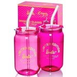 Barbie-Inspired Pink Glass Cups with Lids & Straws