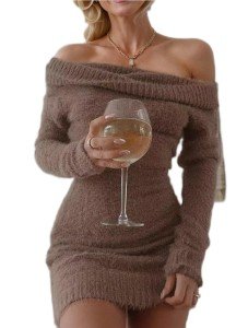 Punki Women's Off Shoulder Fuzzy Knit Mini Dress