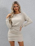 Beige Ribbed Off-Shoulder Bodycon Mini Dress