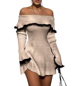 Chouyatou Women's Off-Shoulder Lace Trim Mini Dress