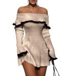Chouyatou Women's Off-Shoulder Lace Trim Mini Dress