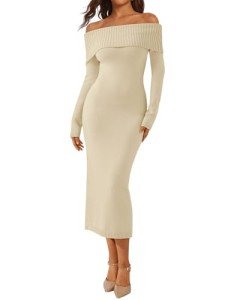 LILLUSORY Off Shoulder Midi Sweater Dress - Apricot