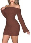 Chic Brown Off-Shoulder Long Sleeve Mini Dress