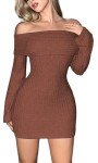 Chic Brown Off-Shoulder Long Sleeve Mini Dress