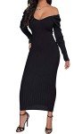 SheKiss Off Shoulder Black Bodycon Sweater Dress