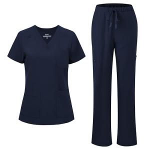 floralhue Scrubs for Women, V-Neck Scrubs Top & Cargo Pants with 12 Pockets, Yoga Waistband, 4 Way Stretch, Navy Blue, S