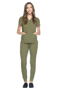 Dagacci Medical Uniform® Scrub Set – V-Neck Scrub Top & Elastic Jogger Pant Scrubs for Women Set and Men Unisex 8 Pockets Olive Green S