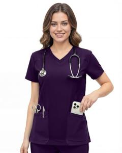 NY Threads Scrub Tops for Women Soft Stretch V-Neck Medical Scrub Top with Pockets, Large, Plum