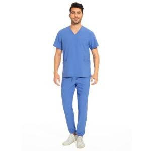 COZYFIT Men's Scrubs Set - Stretch V-Neck Top & Jogger Pant with 8 Pockets, Yoga Waistband, Anti-Wrinkle Scrubs - Ceil Blue, L