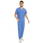 COZYFIT Men's Scrubs Set - Stretch V-Neck Top & Jogger Pant with 8 Pockets, Yoga Waistband, Anti-Wrinkle Scrubs - Ceil Blue, L