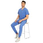 COZYFIT Men's Scrubs Set - Stretch V-Neck Top & Jogger Pant with 8 Pockets, Yoga Waistband, Anti-Wrinkle Scrubs - Ceil Blue, L