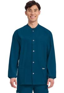 Cherokee Men's Medical Scrub Jacket Snap Front with Long Sleeve WW360, XL, Caribbean Blue