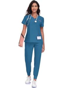 JGVIC Scrubs For Women Set-V-Neck Scrub TOP Contrast Pocket & Jogger Pants With 11 Pockets Yoga Waistband, Anti Wrinkle, Slim Fit Women Scrubs-Caribbean Blue,S