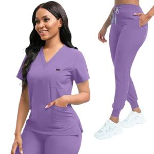 YEZEX Scrubs for Women Set, Women's V-Neck Top & Jogger Scrub Pants, Nursing Uniform Scrubs Set with 8 Pockets, for Nurse Esthetician Workwear (Purple)
