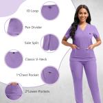 YEZEX Scrubs for Women Set, Women's V-Neck Top & Jogger Scrub Pants, Nursing Uniform Scrubs Set with 8 Pockets, for Nurse Esthetician Workwear (Purple)