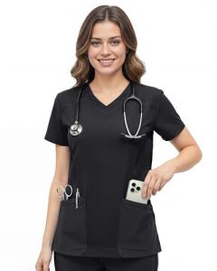 Women's Black Soft Stretch V-Neck Scrub Top