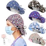 6 Pcs Scrub Caps Women Satin Lined Scrub Caps Women Ponytail Surgical Caps for Women Scrub Hats Women Ponytail Pouch Tie Back, Badge Holder 1 Pcs