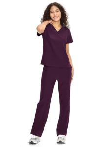 COZYFIT Scrubs for Women Set Medical Uniform - V-Neck Top & Straight Leg Pants with 9 Pockets, Unisex Workwear COZY SCRUBS, Dark Purple, S