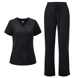 COZYFIT Scrubs for Women - Mock Wrap Top & Straight Leg Pants with 6 Pockets, Back Princess Seams, Soft Fabric Medical Scrubs Set Workwear for Women, Black, M
