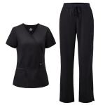 COZYFIT Scrubs for Women - Mock Wrap Top & Straight Leg Pants with 6 Pockets, Back Princess Seams, Soft Fabric Medical Scrubs Set Workwear for Women, Black, M