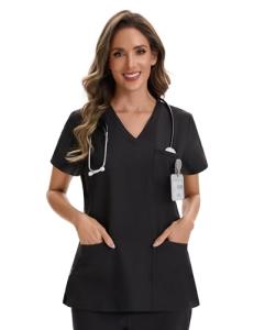 VECARDI Women's Medical Scrub Top Short Sleeve Soft Stretch V-Neck Nurse Uniform with 3 Utility Pockets