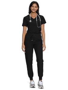 floralhue Scrubs for Women, Women's Medical Scrub Sets, V-Neck Scrubs Top & Cargo Pants with 12 Pockets, Black, M