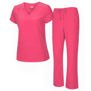 Natural Uniforms Women's Cool Stretch V-Neck Top and Cargo Pant Set (Hot Pink, Small-Petite)