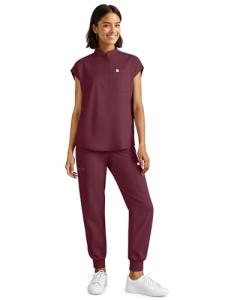 Eadflie Scrubs for Women Set - Stretch Medical Uniform Scrubs - Slim Fit Top & Cargo Pant Scrubs Set with 11 Pockets for Nurse Esthetician Workwear - (Burgundy/M)
