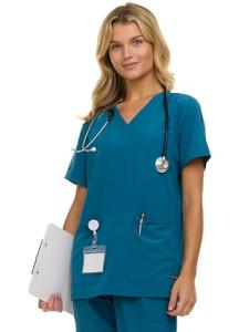 Nautica Womens Scrubs Tops, V-Neck Breathable Scrub Tops Women, 3 Pocket Stretch Fabric Scrubs for Women, Medical Scrub Shirt