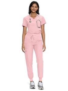 floralhue Scrubs for Women, Women's Medical Scrub Sets, V-Neck Scrubs Top & Cargo Pants with 12 Pockets, Pink Rose, M