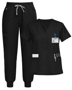 Eipnare Scrubs for Women Set, Stretchy V-Neck Top & Jogger Pants with Multi-Pocket Yoga Waistband