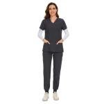 COZYFIT Scrubs for Women Set - Stretch V-Neck Scrub Top & Jogger Pant with 8 Pockets, Yoga Waistband, Slim Fit COZY SCRUBS - Dark Grey, XS