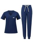Nucabel Scrubs for Women Set, V-Neck Top & Cargo Jogger Pants, 9 Pockets, Yoga Waistband, Comfort Fit Nursing Uniform - S - Navy