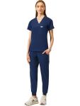 Nucabel Scrubs for Women Set, V-Neck Top & Cargo Jogger Pants, 9 Pockets, Yoga Waistband, Comfort Fit Nursing Uniform - S - Navy