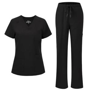 floralhue Scrubs for Women, V-Neck Scrubs Top & Cargo Pants with 12 Pockets, Yoga Waistband, 4 Way Stretch, Black, XS