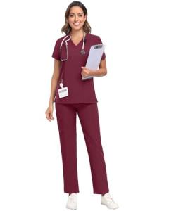 HSDORY Scrubs for Women Set, V-Neck Scrub Top and Pants Sets Stretchy Scrubs Sets with 8 Pockets(HS-01-Wine Red,2XL)