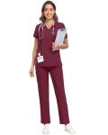 HSDORY Scrubs for Women Set, V-Neck Scrub Top and Pants Sets Stretchy Scrubs Sets with 8 Pockets(HS-01-Wine Red,2XL)