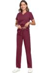 HSDORY Scrubs for Women Set, V-Neck Scrub Top and Pants Sets Stretchy Scrubs Sets with 8 Pockets(HS-01-Wine Red,2XL)