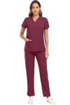 HSDORY Scrubs for Women Set, V-Neck Scrub Top and Pants Sets Stretchy Scrubs Sets with 8 Pockets(HS-01-Wine Red,2XL)