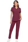 HSDORY Scrubs for Women Set, V-Neck Scrub Top and Pants Sets Stretchy Scrubs Sets with 8 Pockets(HS-01-Wine Red,2XL)