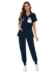 COZYFIT Scrubs for Women Set - Stretch V-Neck Scrub Top & Jogger Pant with 8 Pockets, Yoga Waistband, Anti Wrinkle, Slim Fit Women Scrubs - Navy Blue, M