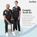 SewKind Women’s Scrub Set – V-Neck Top & Jogger Pants with 6 Pockets, Modern Fit, Durable 100% Polyester, Professional Healthcare Uniform - Black, L