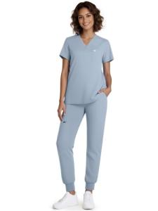 Eadflie Scrubs for Women Medical Scrubs Set - V-Neck Top & Jogger Pants with 5 Pockets, Soft Stretch Woven fabric,Side splits - (Dusty Blue/L)