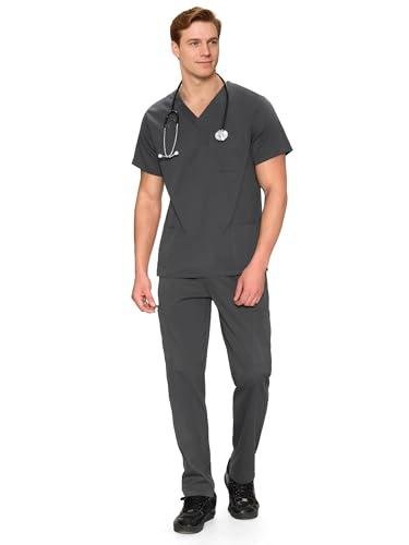 COZYFIT Scrubs for Men Set - V-Neck Scrub Top and Straight Leg Pants with 11 Pockets, Elastic Drawstring Men Scrubs set, Dark Grey, M