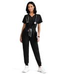 YESWEL Scrubs for Women Set, V-Neck Top & High Waisted Jogger Pants, 8 Pockets Stretchy Medical Uniform Workwear (Standard, Black, X-Large)