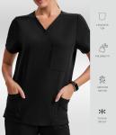 YESWEL Scrubs for Women Set, V-Neck Top & High Waisted Jogger Pants, 8 Pockets Stretchy Medical Uniform Workwear (Standard, Black, X-Large)