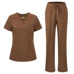 floralhue Scrubs for Women, V-Neck Scrubs Top & Cargo Pants with 12 Pockets, Yoga Waistband, 4 Way Stretch, Brown, M
