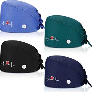 Satinior Unisex Bouffant Caps with Buttons - 4 Pack