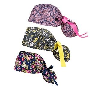 Women's Scrub Caps with Buttons and Ribbon Tie