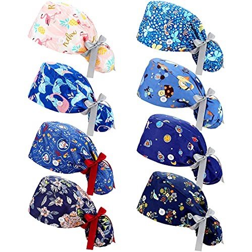 8 Pack Adjustable Bouffant Scrub Caps with Buttons